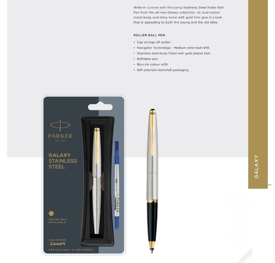 Parker Galaxy Stainless Steel Roller Ball Pen with Gold Trim